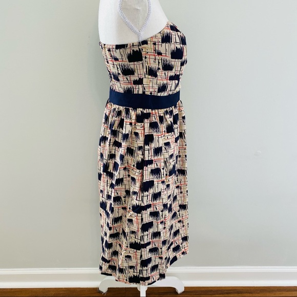 Anthropologie Burlapp Navy Tan Print Strapless 100% Silk Dress Size 4 - Picture 10 of 11